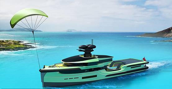 The ￡80million Green Expedition has a skysail and more than 200 square metres of solar panels. The skysail, seen deployed, is a kite-like rig capable of propelling the ship 